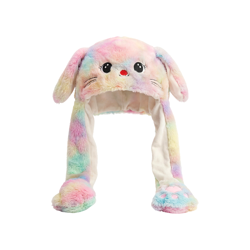 Bonnet peluche lapin multicolore à oreilles mobiles