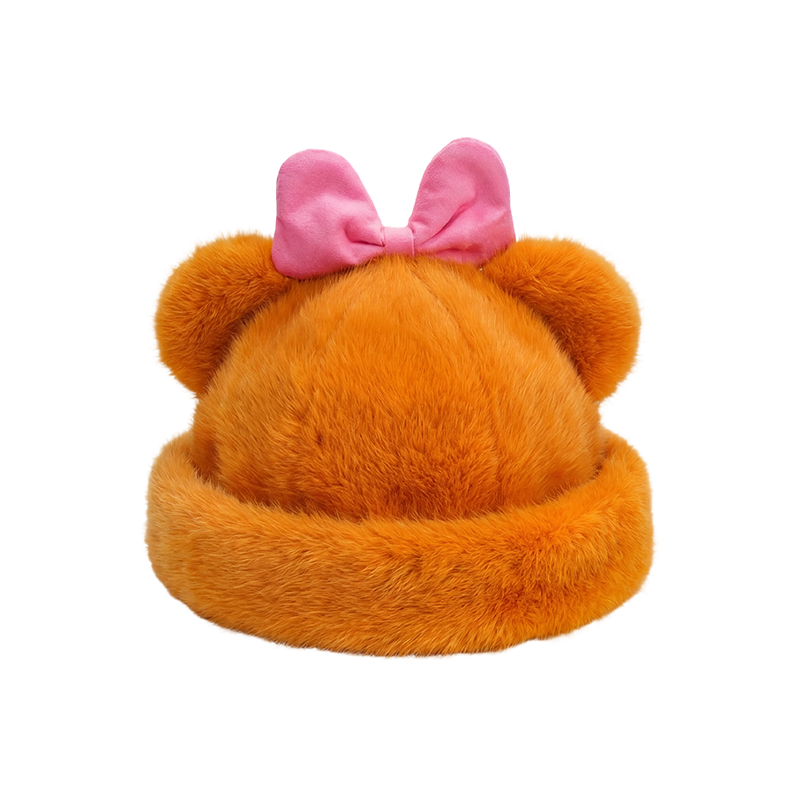 Bonnet peluche oreilles d'ours orange